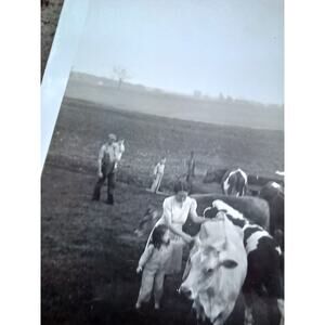 Vintage Photograph Woman & Little Girl Petting A Cow Farm Life